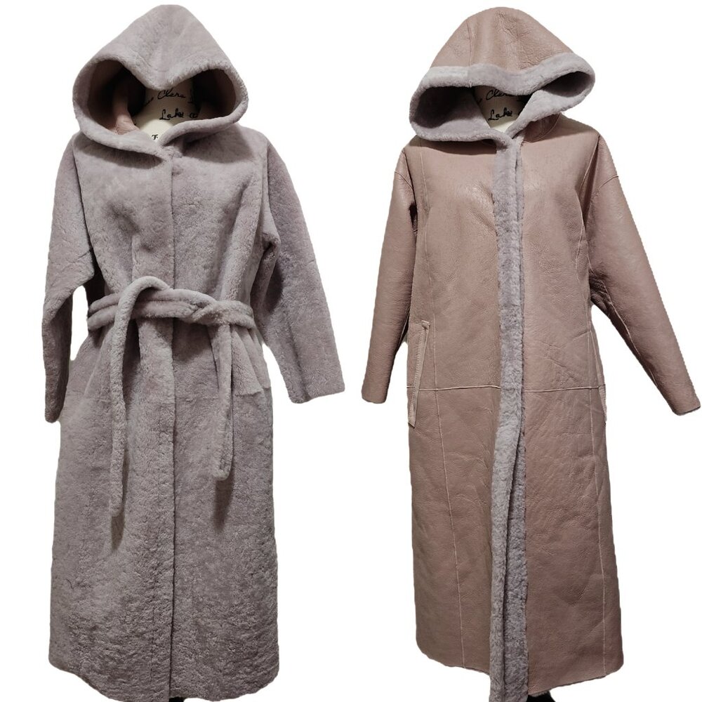 NewReal Lamb Fur Shearling Sheepskin Coat Jacket Wrap Robe Hood Belt Reversible